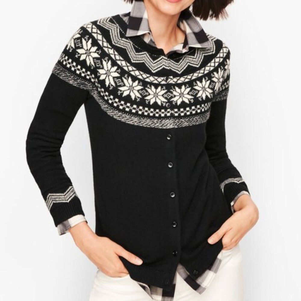 Black Talbots Button Front Long Sleeve Snowflake Fair Isle Cardigan Sweater, NWT